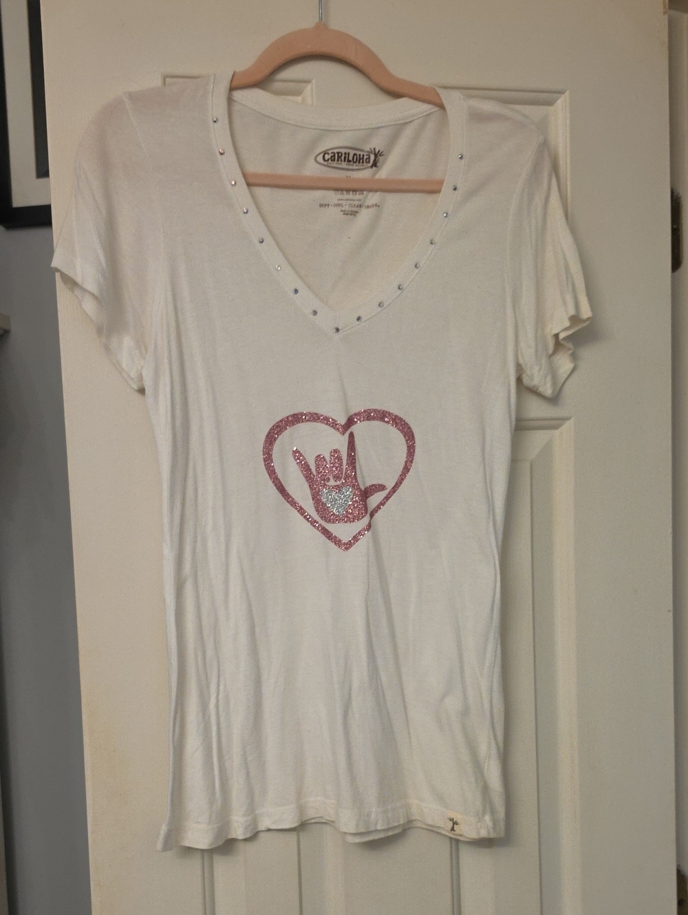 Cariloha Women's White V-Neck Tee with Pink Heart Graphic Embellished Neckline